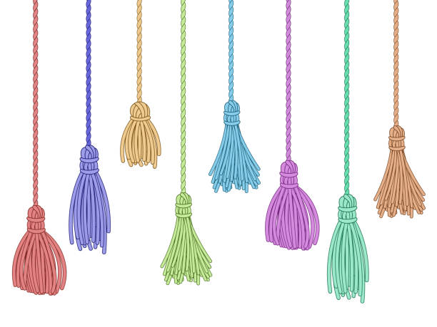 Tassel trim. Fabric curtain tassels, fringe bunch on rope and pillow colorful embelishments isolated vector set Tassel trim. Fabric curtain tassels, fringe bunch on rope and pillow colorful embelishments. Garment fringe embellishment bunch, ruffle yarns brush. Isolated vector symbols set tassel stock illustrations
