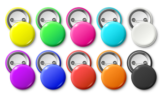 Circle button badge. Round pinned badges tag, metal pinback buttons and colorful pin label. Glossy plastic button, realistic brooch pins. Colorful isolated vector mockup icons set