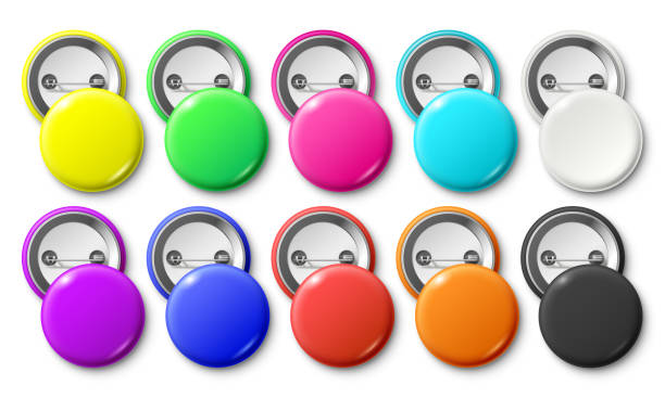 Circle button badge. Round pinned badges tag, metal pinback buttons and colorful pin label realistic isolated vector mockup Circle button badge. Round pinned badges tag, metal pinback buttons and colorful pin label. Glossy plastic button, realistic brooch pins. Colorful isolated vector mockup icons set campaign button stock illustrations