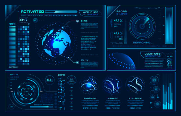 Futuristic hud interface. Future hologram ui infographic, interactive globe and cyber sky fi screen vector background illustration Futuristic hud interface. Future hologram ui infographic, interactive globe and cyber sky fi screen. Technology futurist car graphics interface display, vr game panel vector background illustration futuristic spaceship stock illustrations