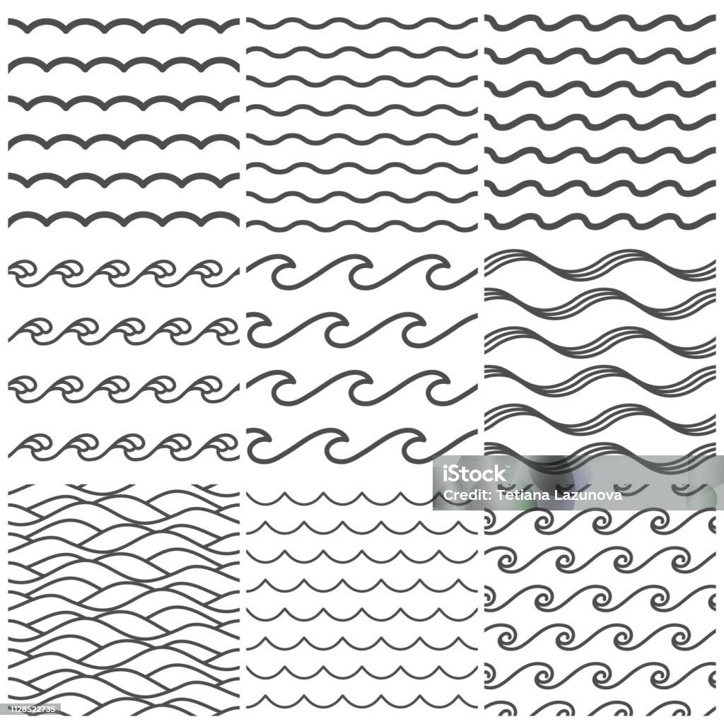 Seamless water waves pattern. Sea wave, ocean waters and wavy lake. Aqua patterns vector background collection Seamless water waves pattern. Sea wave, ocean waters and wavy lake. Aqua patterns vector background, abstract water ripple. Marine curve line shape isolated symbols collection Wave - Water stock vector