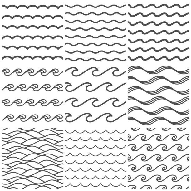 Vector illustration of Seamless water waves pattern. Sea wave, ocean waters and wavy lake. Aqua patterns vector background collection