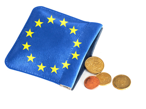 EU purse almost empty, running out of money, euros. Financial, banking crisis, Europe, Italy etc Concept