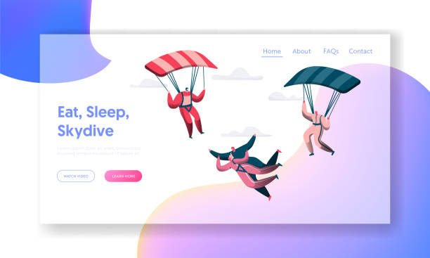 istock Group of Skydivers Fly Between Clouds Landing Page. Happy People Planes with Parachutes Extreme Sport Concept. Man and Woman Character in Sky Website or Web Page. Flat Cartoon Vector Illustration 1128523718