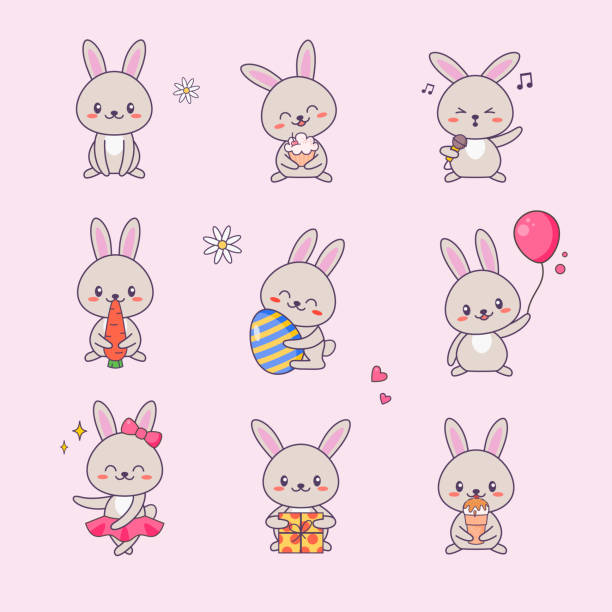  Ilustración de Bunny Cute Kawaii Pegatina Conjunto Conejo Con Cara De Anime Varios Dibujo Emoji Para Doodle Amor Animal Cómico Símbolo Kit Para Niños Colección Mascota Divertida Historieta Plana Vector Ilustración y