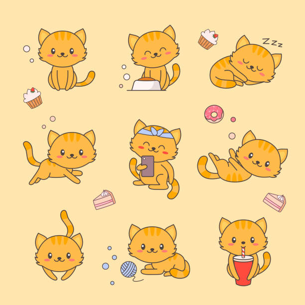 Cute Kitten Kawaii Character Sticker Set Cat With Anime Face Various Emoji  Design For Doodle Comic Animal Love Element Kit For Children Funny Pet Icon  Flat Cartoon Vector Illustration Stock Illustration -