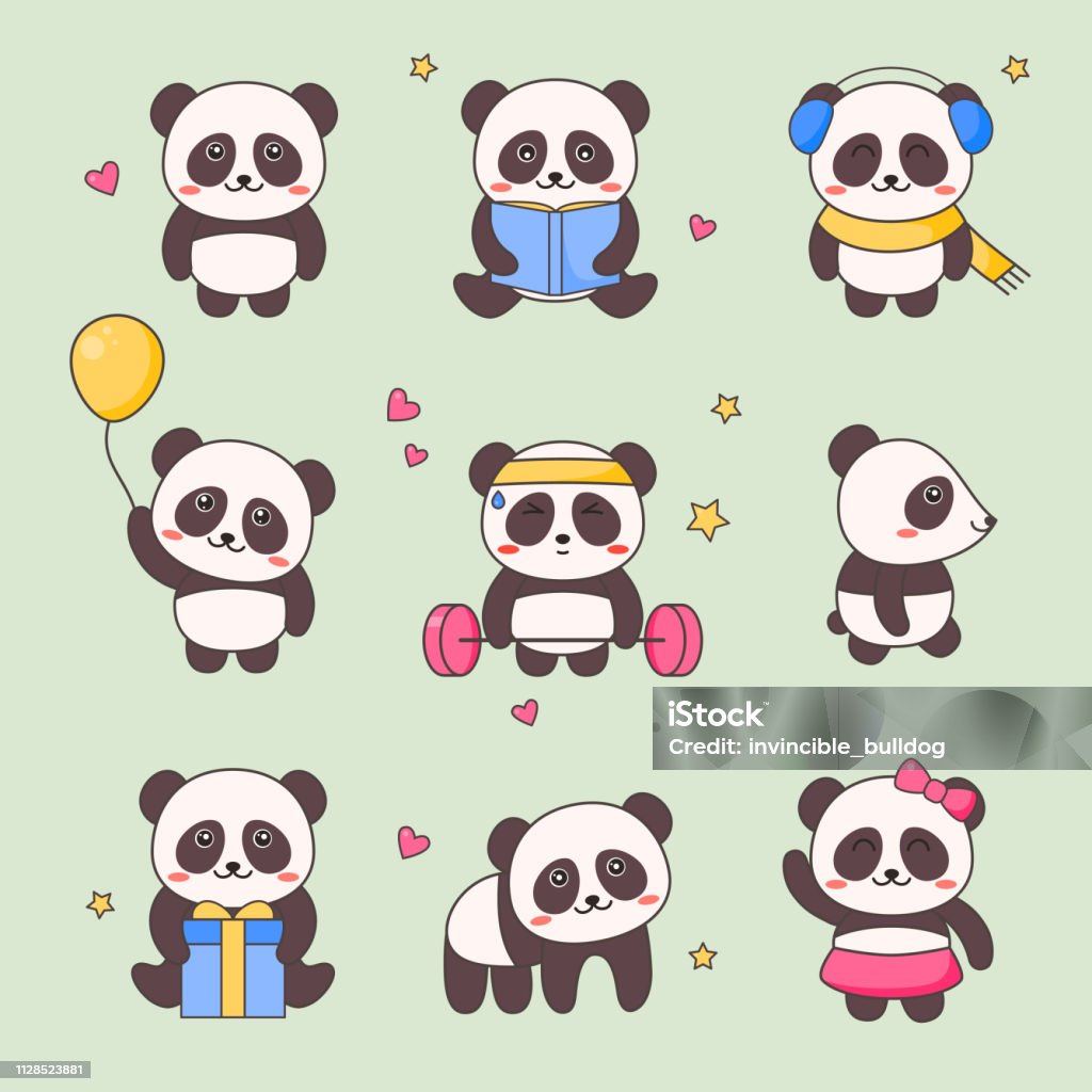 Cute Panda Kawaii Character Sticker Set White Black Bear With Anime Face  Various Emoji Design For Doodle Comic Animal Gift Element Kit For Children  Funny Icon Kit Flat Cartoon Vector Illustration Stock