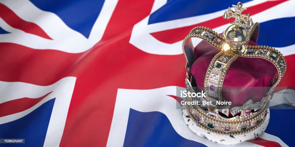 Royal golden crown with jewels on british  flag. Symbols of UK United Kingdom. Royal golden crown with jewels on british  flag. Symbols of UK United Kingdom. 3d illustration Royalty Stock Photo