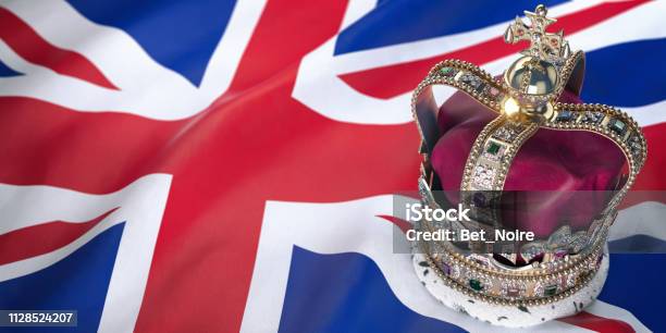 Royal Golden Crown With Jewels On British Flag Symbols Of Uk United Kingdom Stock Photo - Download Image Now