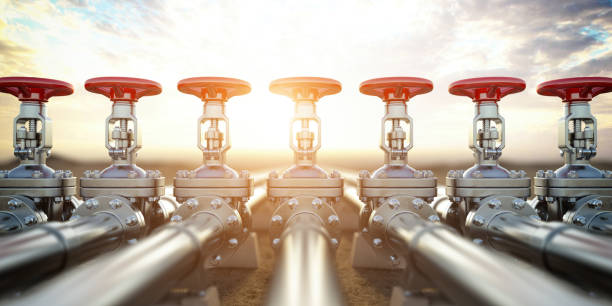 Oil or gas pipe line valves. Oil and gas extraction, production  and transportation industrial background. Oil or gas pipe line valves. Oil and gas extraction, production  and transportation industrial background. 3d illustration Valve stock pictures, royalty-free photos & images