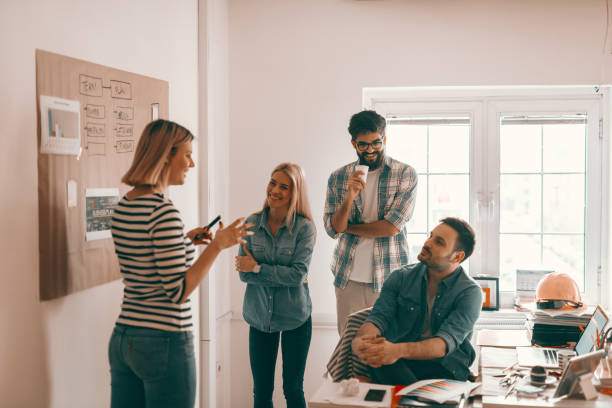 istock Smiling female architect talking about project with marker in hand. Other three colleagues smiling and listening to her. Start up business concept. 1128528606