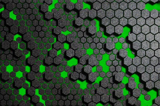 istock Abstract steel futuristic surface hexagon pattern with green light rays 1128532086