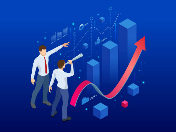 isometrische affiliate-business, business-perspektive-konzept. geschäftsmann, blick in die zukunft für neue geschäftsmöglichkeiten. analyse und strategie für eine konzeptionelle antrag auf förderung kontakte. - marketing affiliate internet business stock-grafiken, -clipart, -cartoons und -symbole