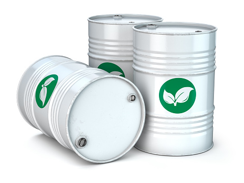 Bio fuel barrels isolated on white. Ecology,  environment protection and alternative energy concept. 3d illustration