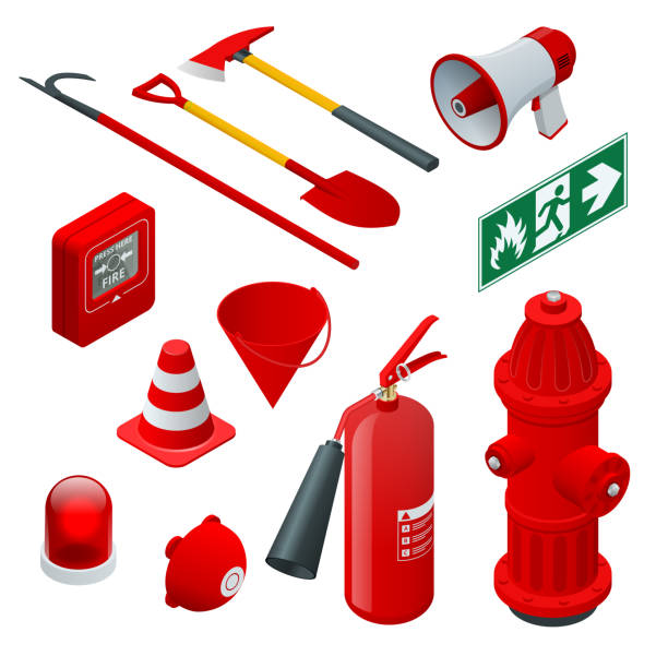 Isometric Fire safety and protection. Flat icons extinguisher, hose, flame, hydrant, protective helmet, alarm, axe, shovel, conical bucket and exit sign. Vector illustration Isometric Fire Safety and Protection. Flat icons extinguisher, hose, flame, hydrant, protective helmet, alarm, axe, shovel, conical bucket and exit sign Vector illustration fire hose stock illustrations