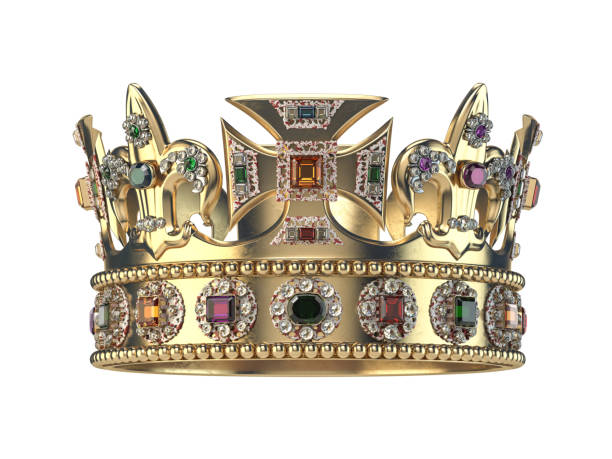 couronne en or avec des bijoux isolé sur blanc. - crown king queen gold photos et images de collection