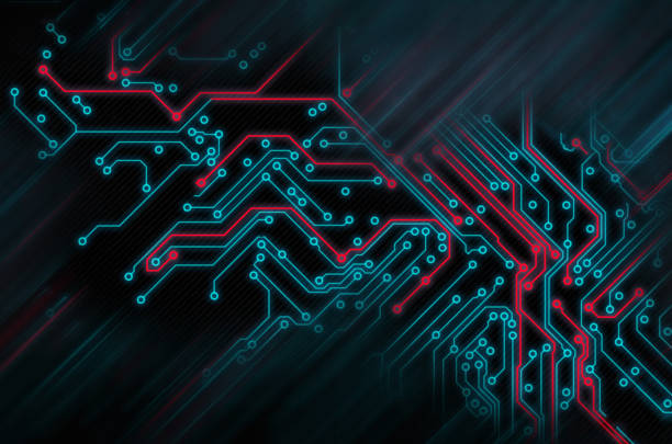 processamento de código futurista de placa de circuito. vermelho, azul tecnologia em fundo preto - electrical code - fotografias e filmes do acervo