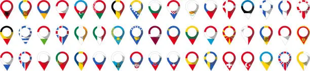 Vector illustration of pins of the flag of geographical Europe