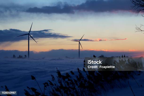Wind Turbines In The Winter Storm Stock Photo - Download Image Now - American-Style Windmill, Canada, Green Technology