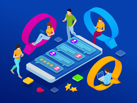 Isometric concept of social media network, digital communication, chatting. Online chat man and woman app icons. Chat messages notification on smartphone