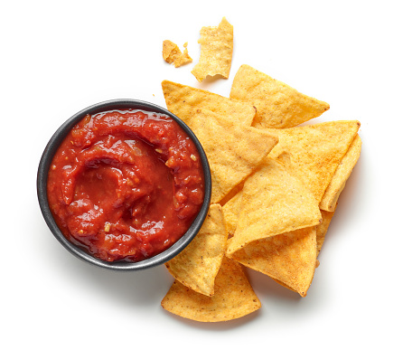 corn chips nachos and salsa sauce isolated on white background, top view