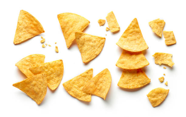 corn chips nachos corn chips nachos isolated on white background, top view nacho chip stock pictures, royalty-free photos & images