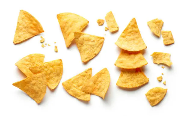 corn chips nachos isolated on white background, top view