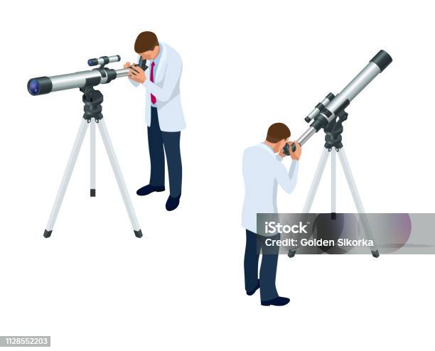 Isometric Astronomer Through The Telescope Looks At The Sky Isolated On White Background Stock Illustration - Download Image Now