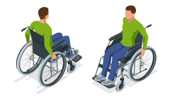 isometrische mann im rollstuhl über eine rampe isoliert. stuhl mit rädern, verwendet beim gehen ist schwierig oder unmöglich, wegen krankheit, unfall oder invalidität. medizinische geräte. - rollstuhl stock-grafiken, -clipart, -cartoons und -symbole