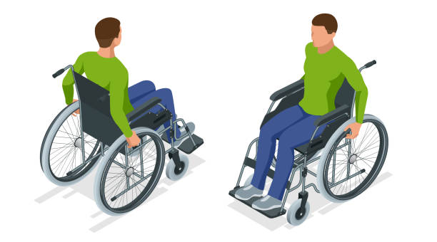 bildbanksillustrationer, clip art samt tecknat material och ikoner med isometrisk mannen i rullstol med hjälp av en ramp som isolerade. fåtölj med hjul, som används när man går är svårt eller omöjligt på grund av sjukdom, skada eller funktionshinder. medicinsk utrustning. - wheelchair