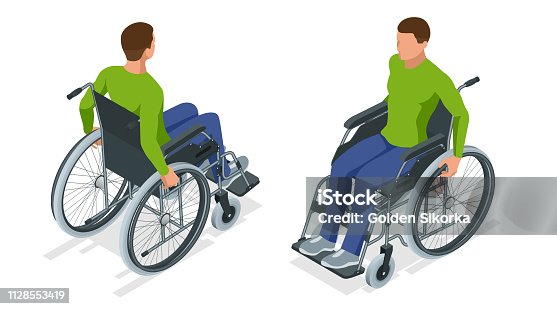 istock Isometric man in a wheelchair using a ramp isolated. Chair with wheels, used when walking is difficult or impossible due to illness, injury, or disability. Medical support equipment. 1128553419