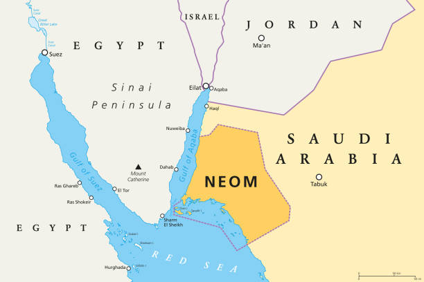 NEOM, megacity project in Saudi Arabia, political map NEOM political map of the 500 billion dollar megacity project in Saudi Arabia along the Red Sea coast. Location of the smart and tourist city with autonomous judicial system. English labeling. Vector. israel egypt border stock illustrations