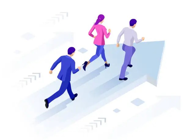 Vector illustration of Isometric Business Success Concept. Entrepreneur business man leader. Businessman and his business team crossing finish line.