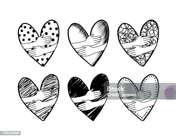 Hug Hand In Heart Shape Hand Draw Style Stock Illustration - Download Image Now - Embracing, Drawing - Activity, Doodle