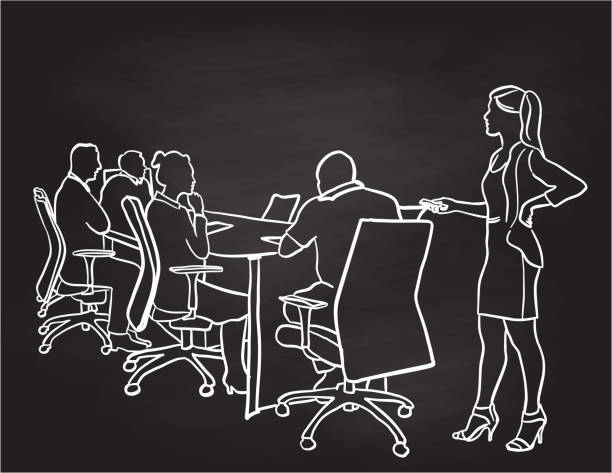 Presenting The Pitch Business Woman Woman giving a talk to colleagues present at the boardroom meeting electrical outlet white background stock illustrations