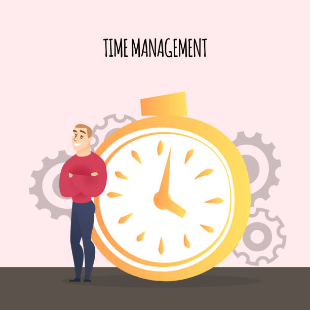Businessman Stand Near Stopwatch, Time Management Businessman with Crossed Arms Stand Near Huge Stopwatch and Cogwheels Around. Organization Of Process, Control Happy Man Have Lot of Free Time Flat Vector Illustration. Time Management Inscription. free chore backgrounds stock illustrations