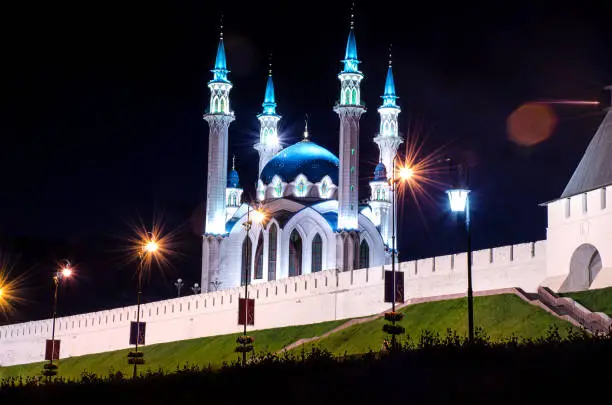 Kul-sharif mosque in the light of lanterns at night