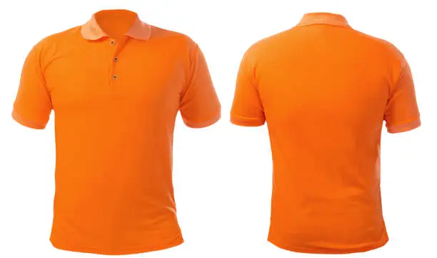 Blank collared shirt mock up template, front and back view, isolated on white, plain orange t-shirt mockup. Polo tee design presentation for print.