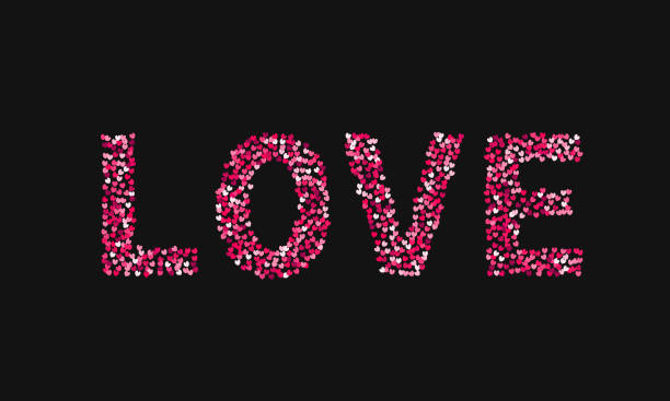 illustrazioni stock, clip art, cartoni animati e icone di tendenza di la parola amore fatto di cuoricini sfumature di rosso e rosa su sfondo nero. poster tipografico di san valentino. modello facile da modificare per i tuoi progetti di progettazione. - love word
