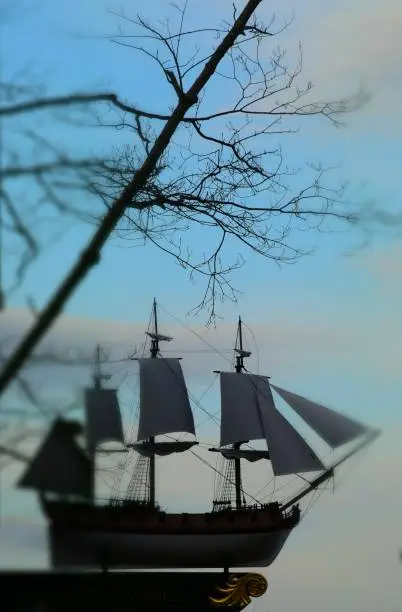 Model ship awaits your dreams of sailing into the mid summer sky