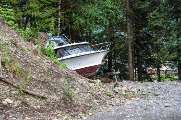 the boat floats because of the turn on a dirt road in altai, russia - repairing sky luxury boat deck imagens e fotografias de stock