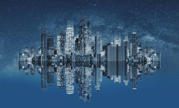 istock Futuristic modern buildings technology. Abstract cityscape with reflection 1128575898