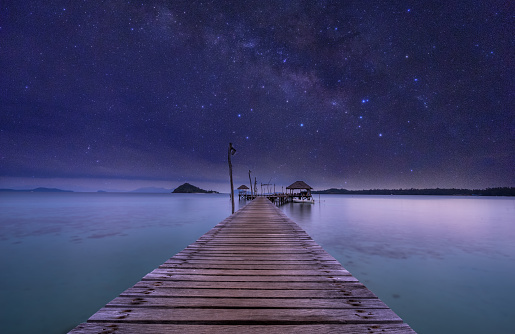 night view of ocean wood dock and milkyway on sky - can use to display or montage on product