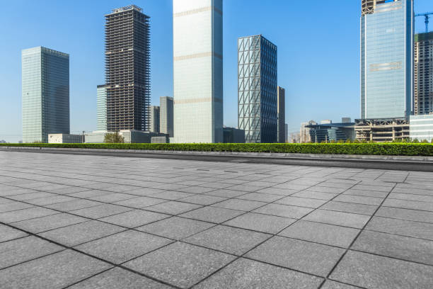 istock empty brick floor with cityscape and skyline 1128579223
