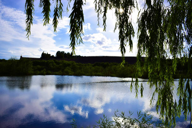 Landscape. Overlook Jiayuguan Great Wall from lakeside, willow tree branches in the front view, beautiful reflection of clouds in the water.  Created in Jiayuguan, China, July 7, 2018.