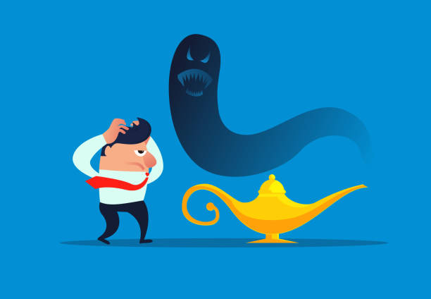 ilustraciones, imágenes clip art, dibujos animados e iconos de stock de mala suerte del empresario, el diablo sale de la lámpara de aladino - magic lamp genie lamp smoke