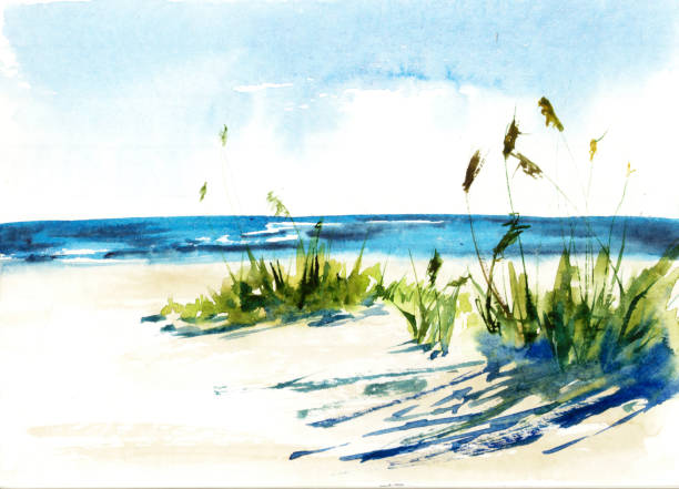 Seascape illustration Sunny seascape. Watercolor illustration watercolor painting landscapes stock illustrations