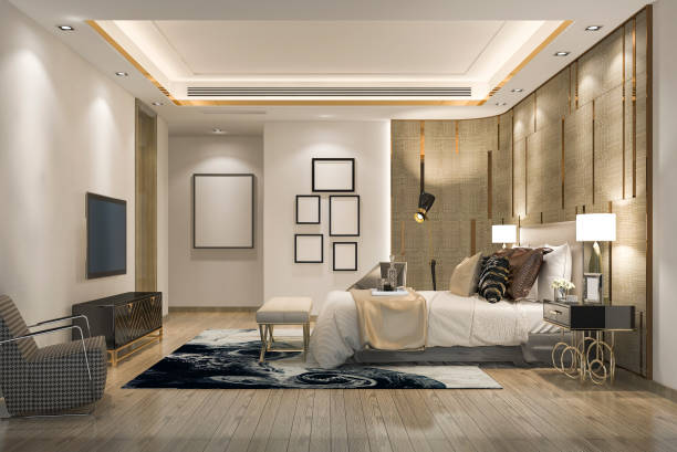 istock 3d rendering beautiful luxury bedroom suite in hotel with tv 1128597169