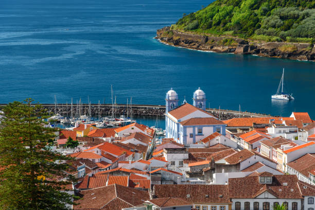 cityscape of angra do heroismo aerial view of the city of angra do heroismo from the Miradouro da Serreta , azores portugal terceira azores stock pictures, royalty-free photos & images