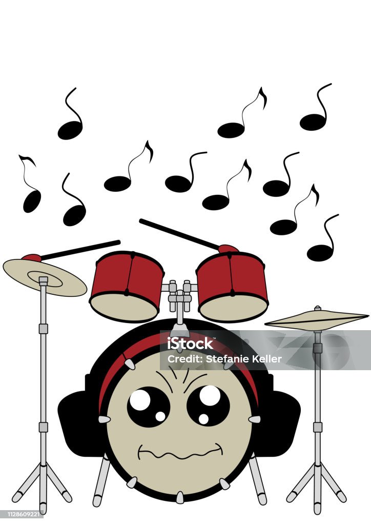 Funny drums in kawaii style with headphones. Vector file EPS 10. Emoticon stock vector